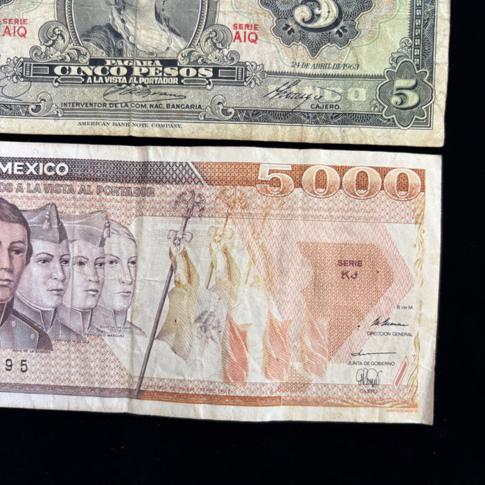 Vintage Banknote Lot Mexico 5, 5000 Pesos War Heroes Angel Independencia Set