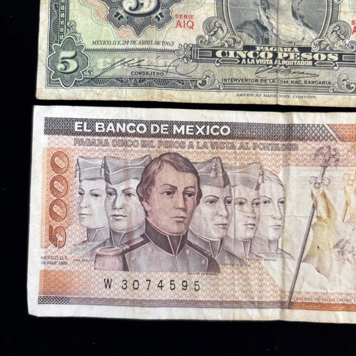 Vintage Banknote Lot Mexico 5, 5000 Pesos War Heroes Angel Independencia Set