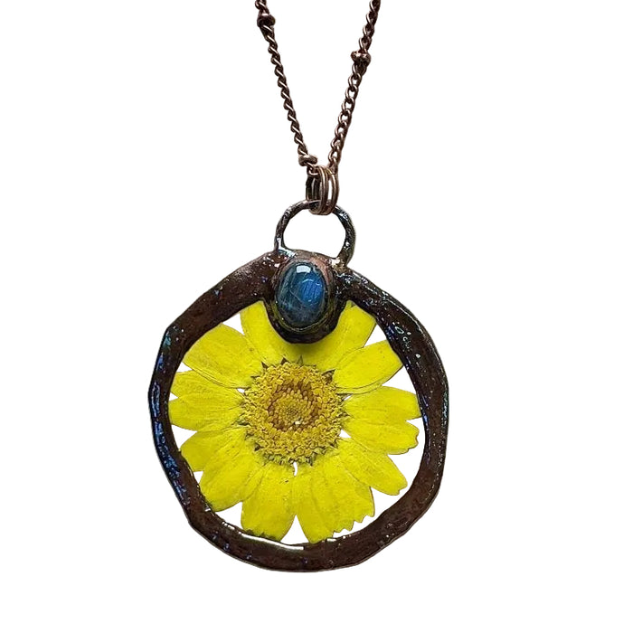 Labradorite Necklace Yellow Flower Blue Gemstone