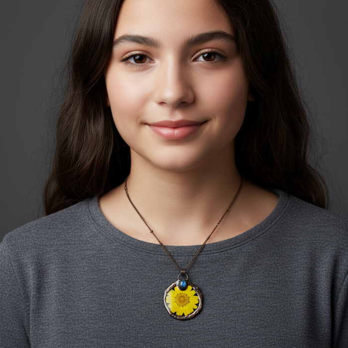 Labradorite Necklace Yellow Flower Blue Gemstone