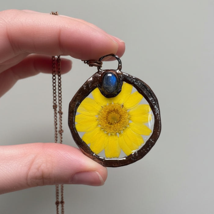 Labradorite Necklace Yellow Flower Blue Gemstone