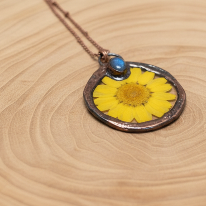 Labradorite Necklace Yellow Flower Blue Gemstone