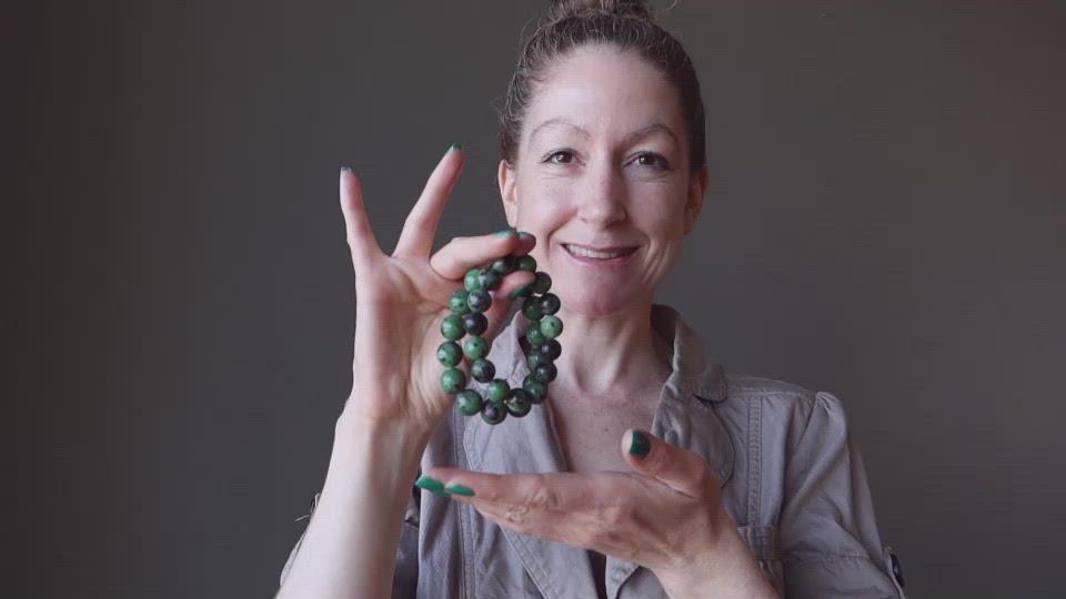 video with model wearing ruby zoisite bracelets