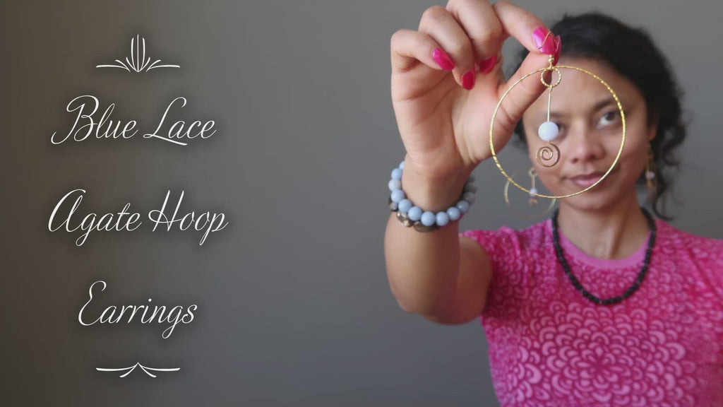 video on blue lace agate gold hoop earrings