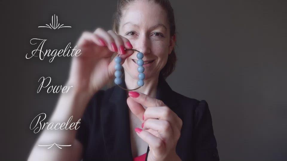 video of female modeling angelite power bracelet