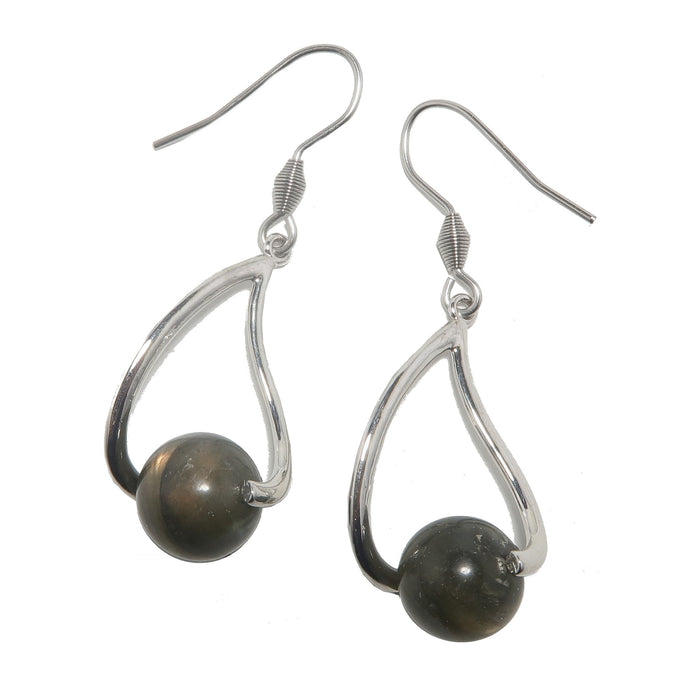 dark labradorite with sheen beaded on silver curve earrings