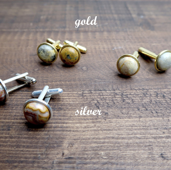 crazy lace agate cufflinks in silver and gold