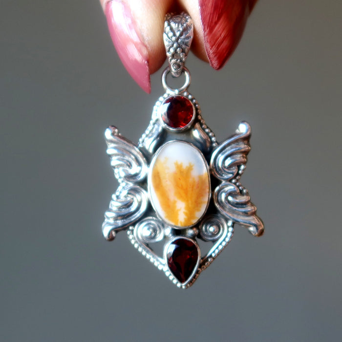 agate and garnet sterling silver pendant