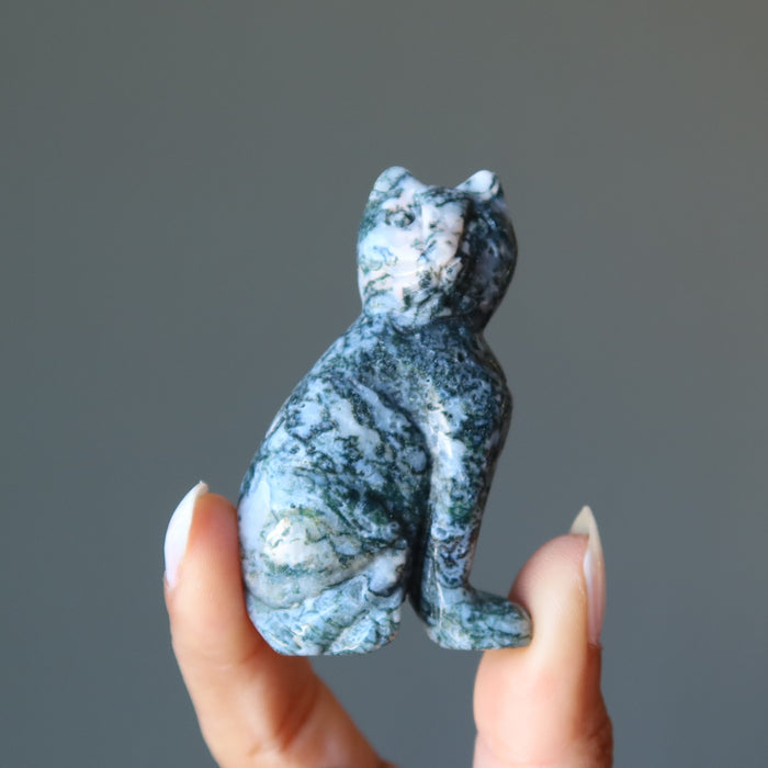 Moss Agate Cat Guardian of the Green Forest Animal Figurine