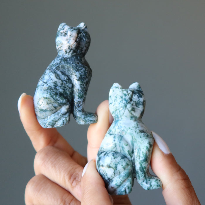 Moss Agate Cat Guardian of the Green Forest Animal Figurine