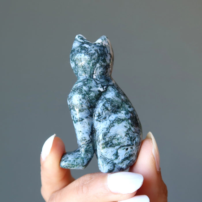 Moss Agate Cat Guardian of the Green Forest Animal Figurine