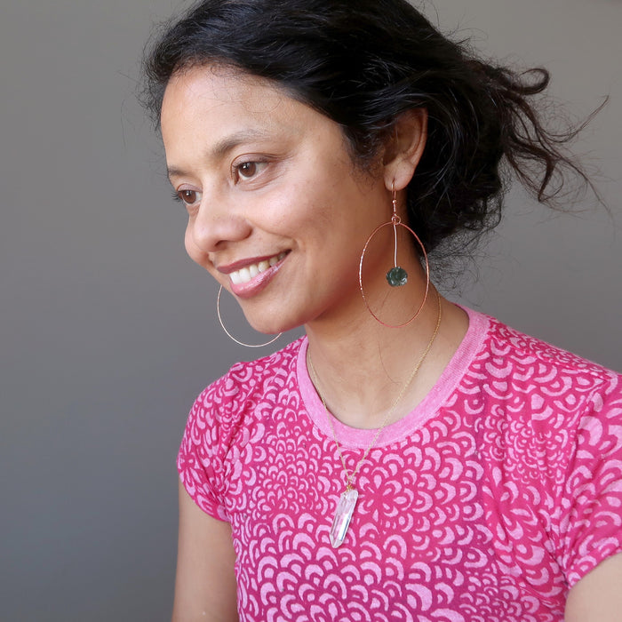 Moss Agate Earrings Green Flower Power Copper Hoops