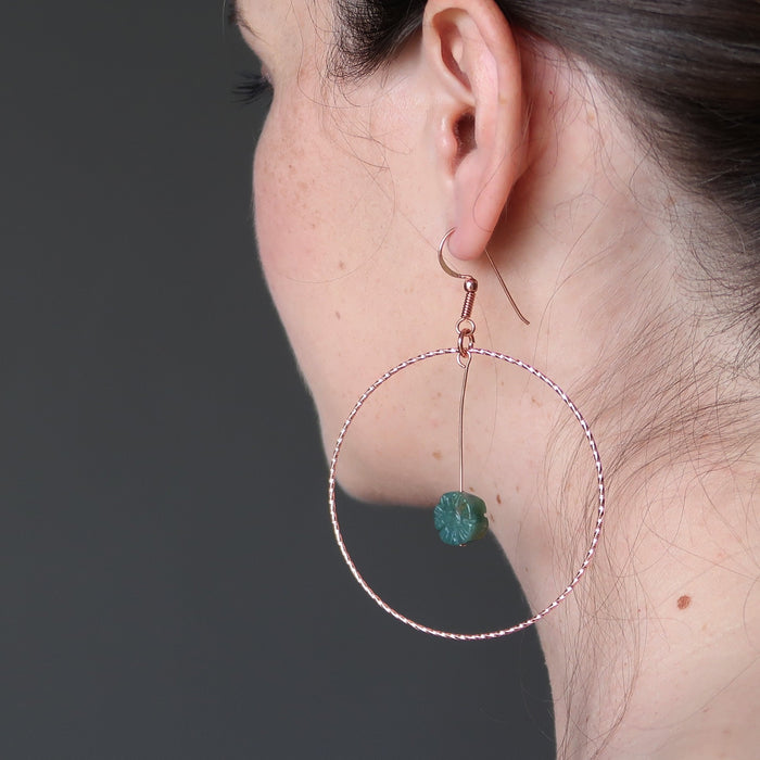 Moss Agate Earrings Green Flower Power Copper Hoops