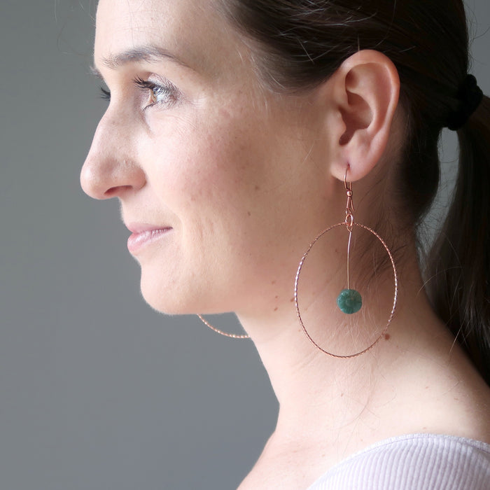 Moss Agate Earrings Green Flower Power Copper Hoops