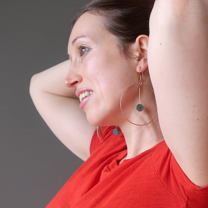 Moss Agate Earrings Green Flower Power Copper Hoops