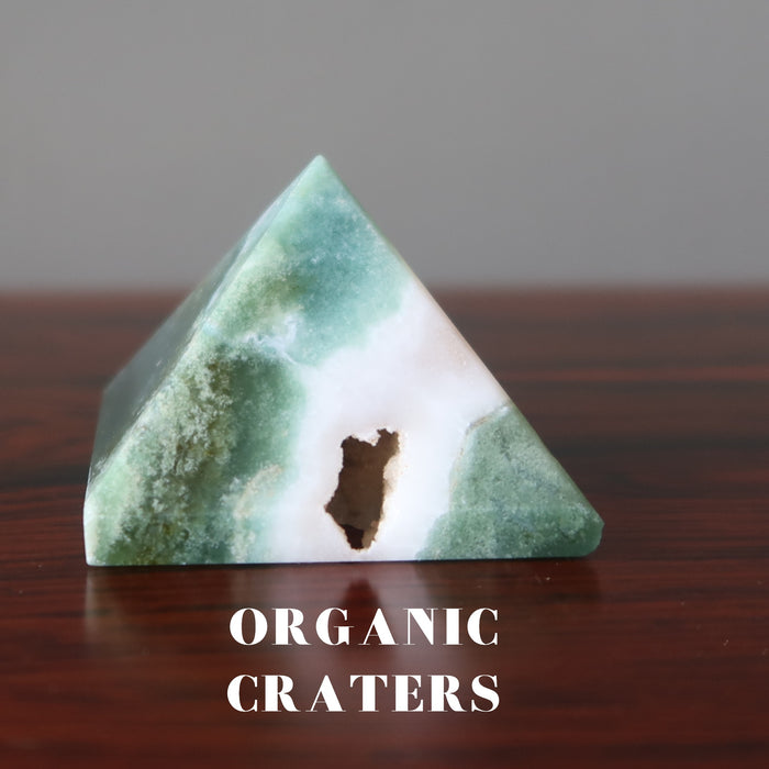 moss agate pyramid with organic craters