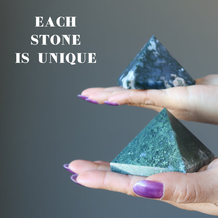 two green and white moss agate pyramid to show each is unique