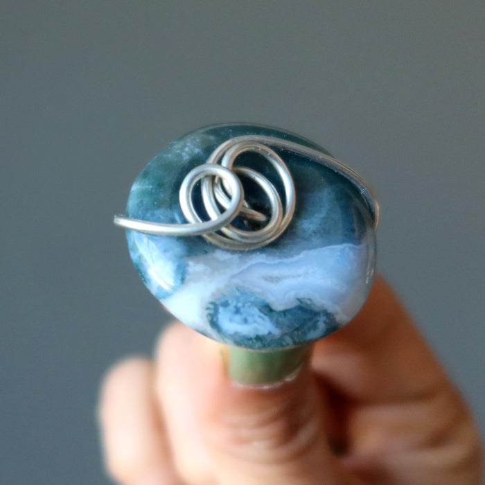 Moss Agate Ring White River Green Forest Crystal Silver