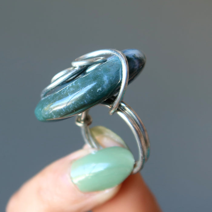 Moss Agate Ring White River Green Forest Crystal Silver