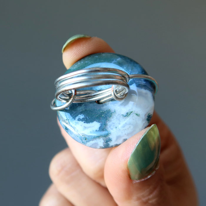 Moss Agate Ring White River Green Forest Crystal Silver
