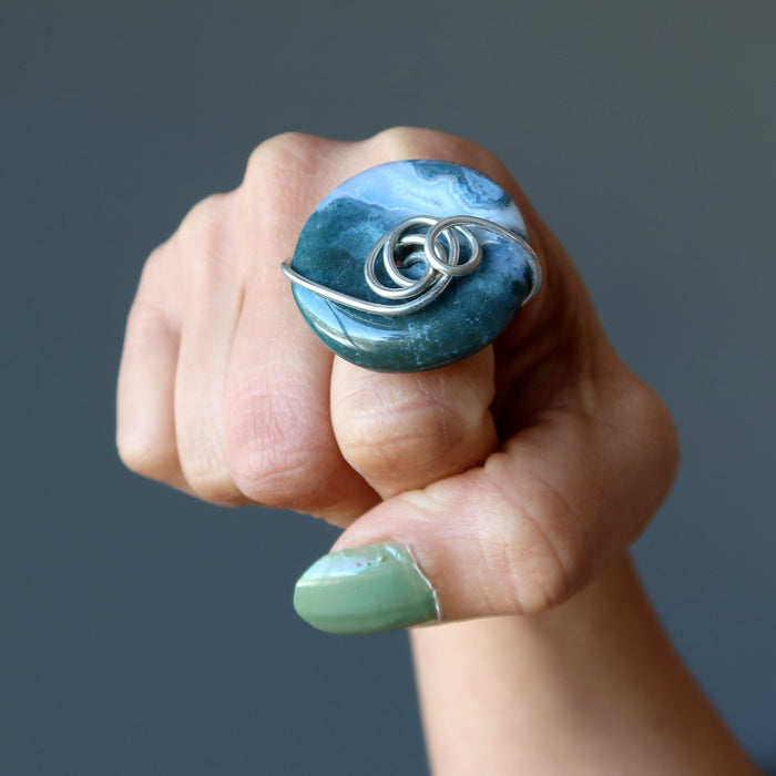 Moss Agate Ring White River Green Forest Crystal Silver