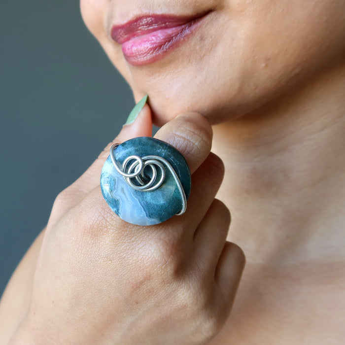 Moss Agate Ring White River Green Forest Crystal Silver