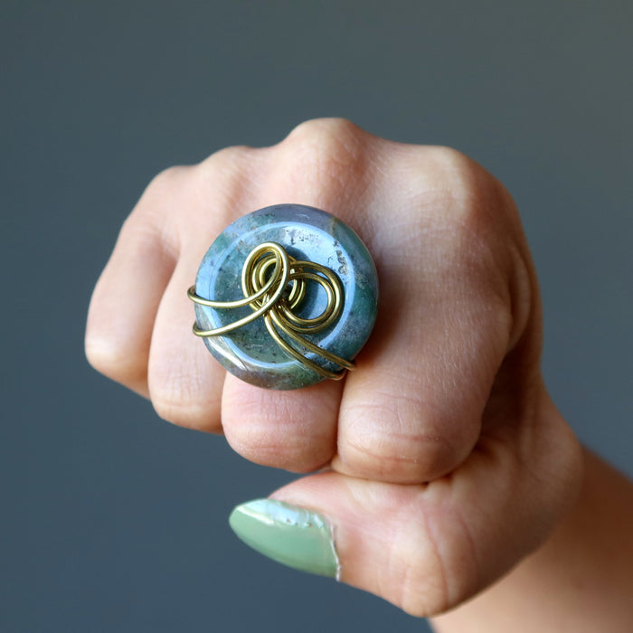moss agate gold wire ring