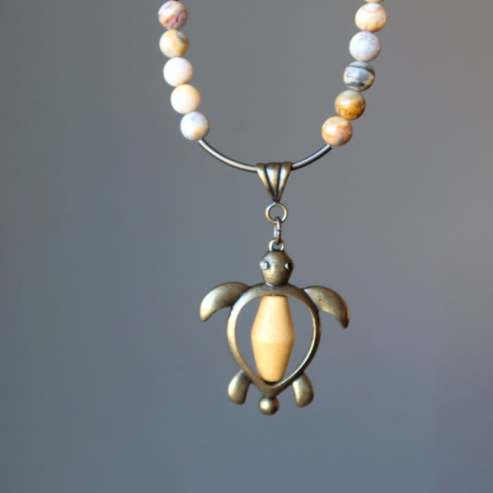 Crazy Lace Agate turtle necklace
