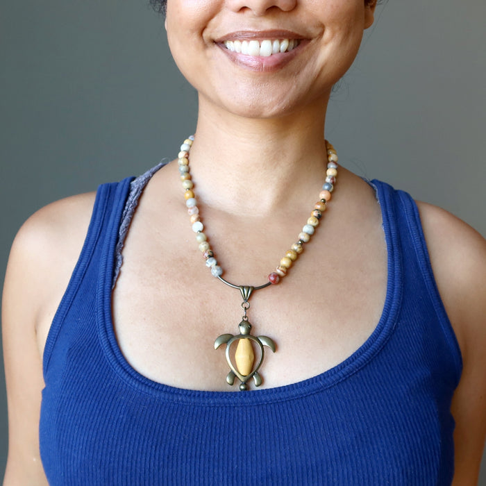 Crazy Lace Agate turtle necklace