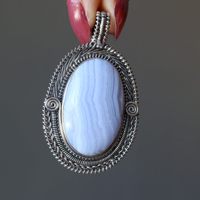 blue lace agate oval sterling silver pendant