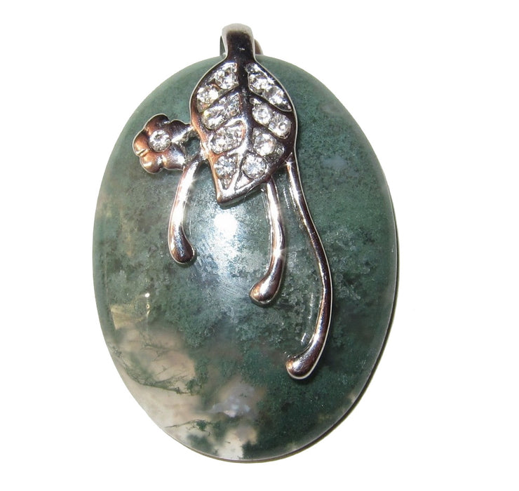 Moss Agate Pendant Clear Green Oval Crystal Silver Flower Leaf Design