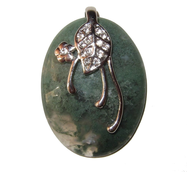Moss Agate Pendant Clear Green Oval Crystal Silver Flower Leaf Design
