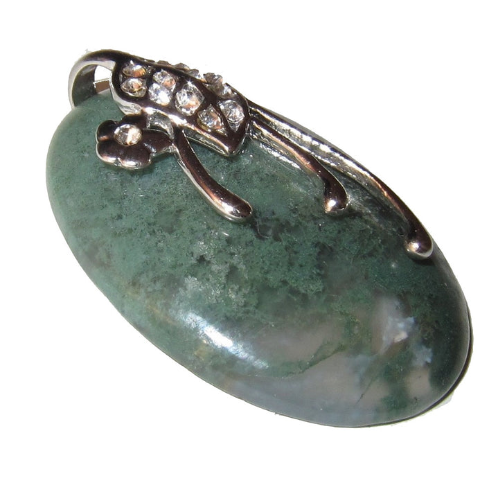 Moss Agate Pendant Clear Green Oval Crystal Silver Flower Leaf Design