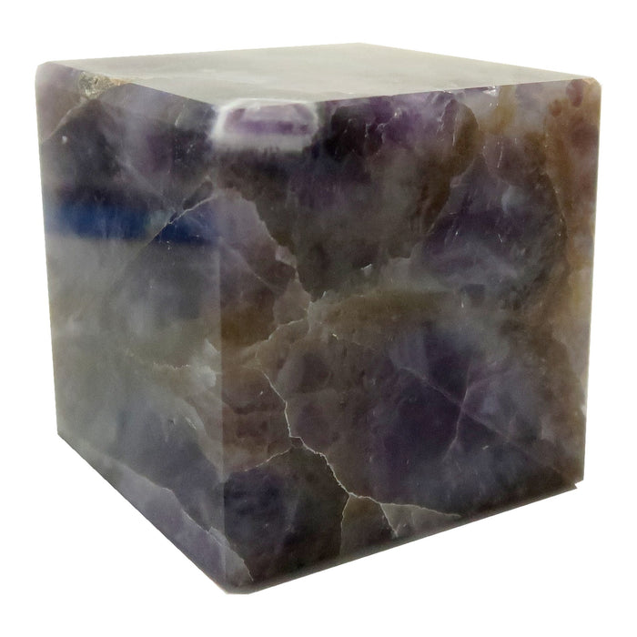 A polished cube-shaped Amethyst crystal with a translucent purple color and visible mineral inclusions.