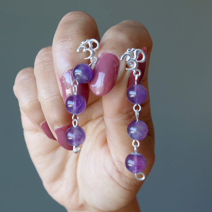 Amethyst Earrings Sacred Om Studs Sterling Silver