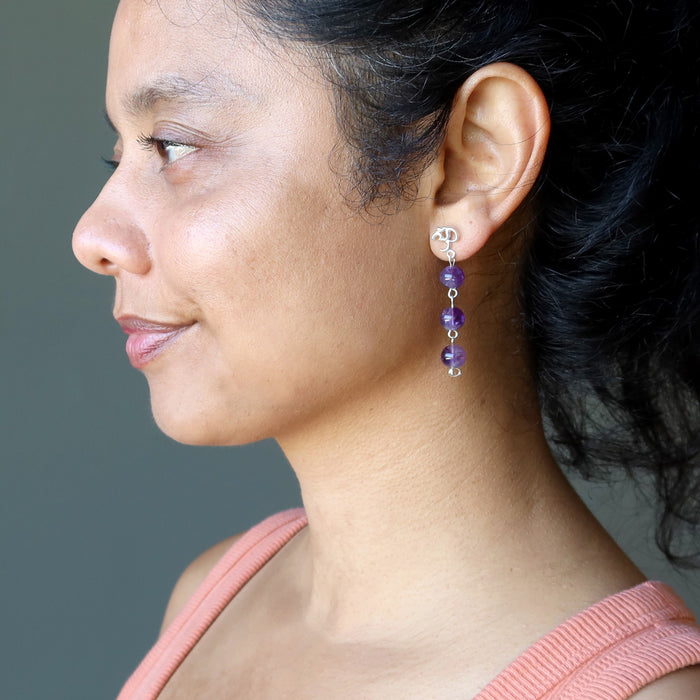 Amethyst Earrings Sacred Om Studs Sterling Silver