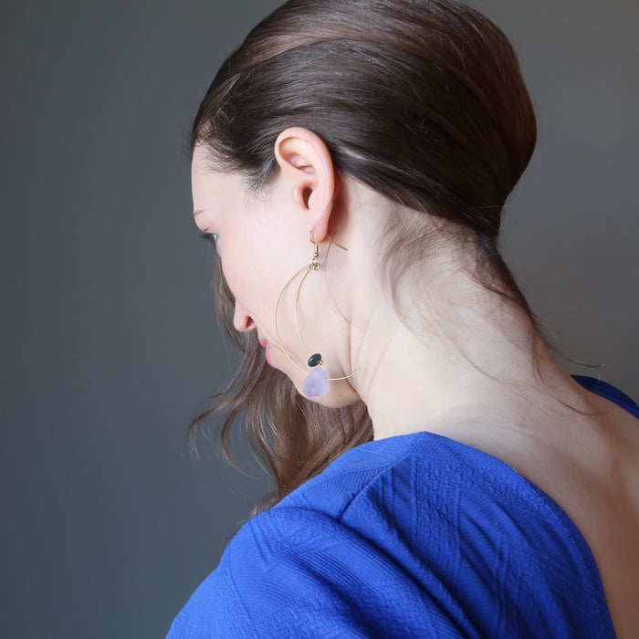 back side of female model wearing Purple Green Gold Dangle Amethyst Malachite Earrings