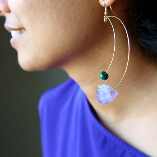 model wearing Amethyst Malachite Earrings