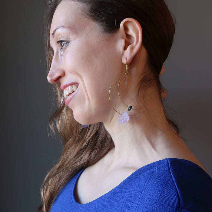 female model wearing Purple Green Gold Dangle Amethyst Malachite Earrings