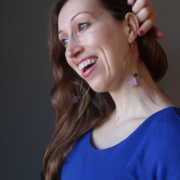 female model wearing Purple Green Gold Dangle Amethyst Malachite Earrings