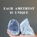 hand holding two amethyst geodes to show each is unique
