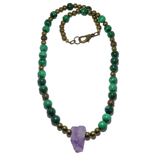 raw amethyst malachite beaded necklace
