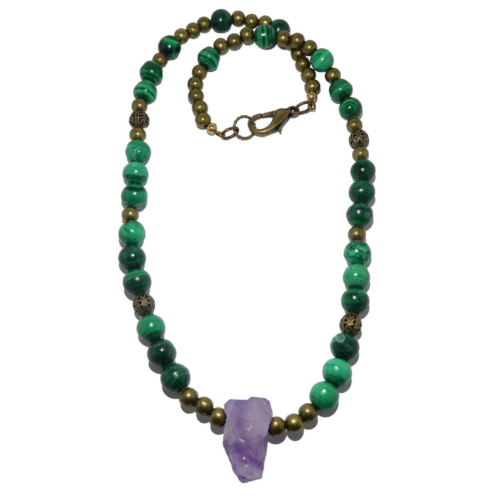 raw amethyst malachite beaded necklace