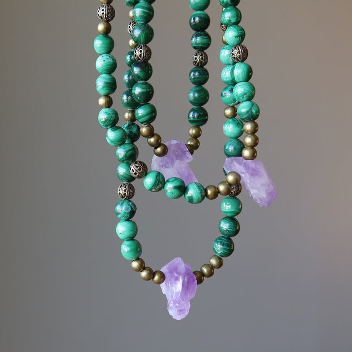 displaying three sizes of raw amethyst malachite beaded necklaces