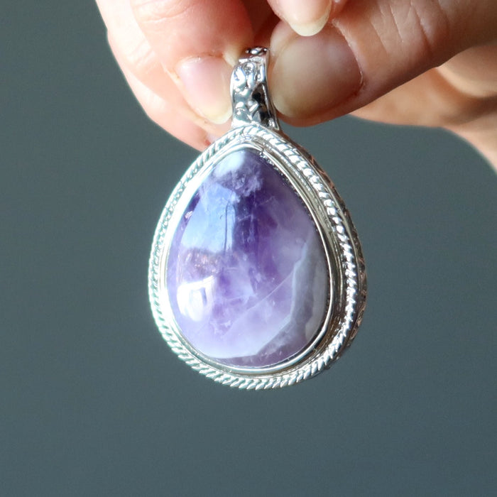 zoom in 2.3 x 1.5 inches Teardrop Purple Amethyst silver framed Pendant 