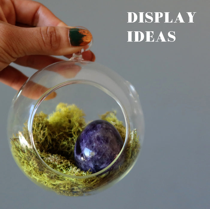 model holding a dark purple amethyst egg laying on the nest in the glass jar