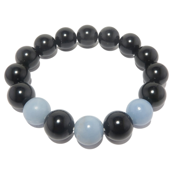 blue angelite and black rainbow obsidian stretch bracelet
