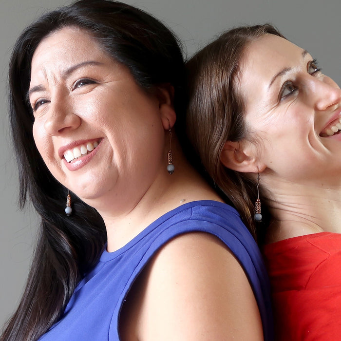 2 female models wearing angelite earrings