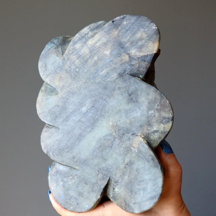 bottom side of big labradorite dragon turtle carving 