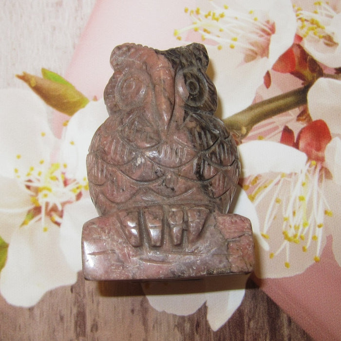 Rhodonite Owl Figurine Pink Messenger of Love Gemstone Carving with flowere on the background